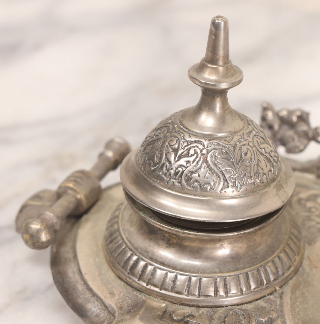 Lot 191 - Antique Double Inkwell And Pen Stand With Ornate Floral Scroll Decoration, Missing One Metal Cup