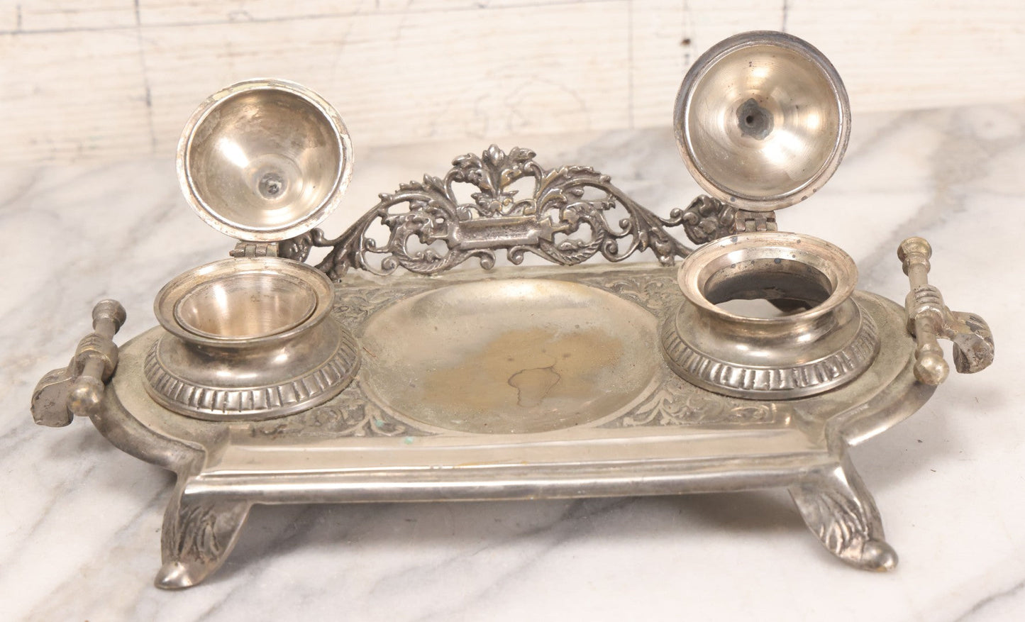 Lot 191 - Antique Double Inkwell And Pen Stand With Ornate Floral Scroll Decoration, Missing One Metal Cup