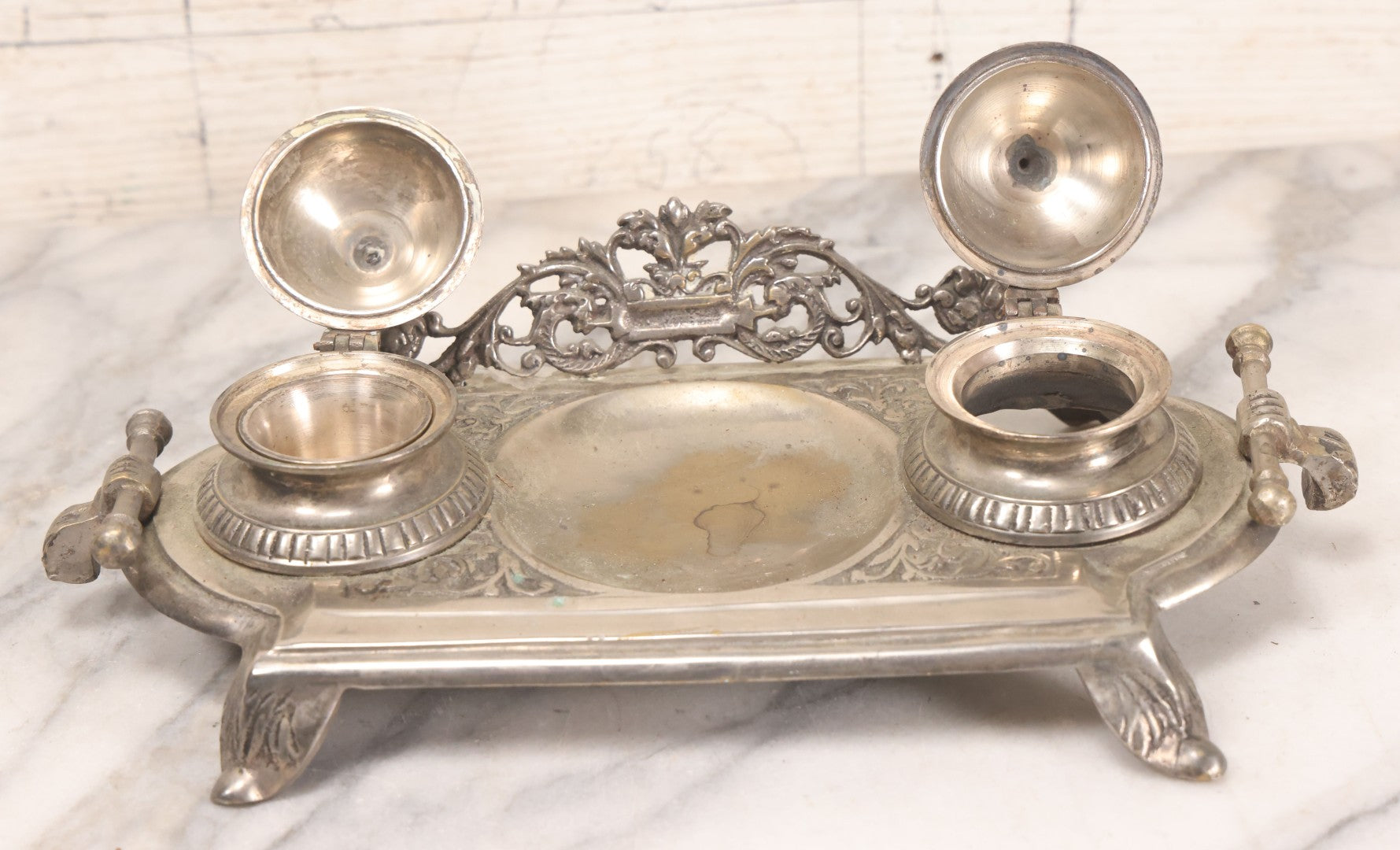 Lot 191 - Antique Double Inkwell And Pen Stand With Ornate Floral Scroll Decoration, Missing One Metal Cup