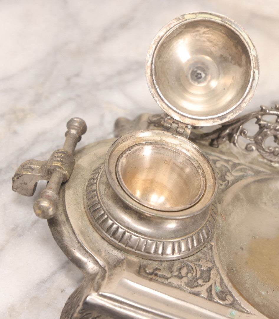 Lot 191 - Antique Double Inkwell And Pen Stand With Ornate Floral Scroll Decoration, Missing One Metal Cup