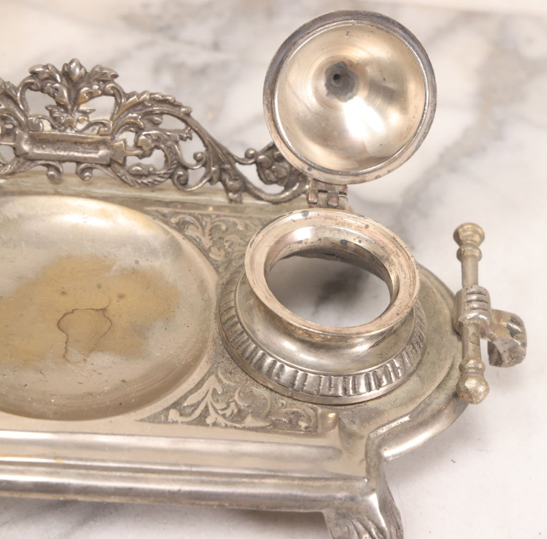 Lot 191 - Antique Double Inkwell And Pen Stand With Ornate Floral Scroll Decoration, Missing One Metal Cup