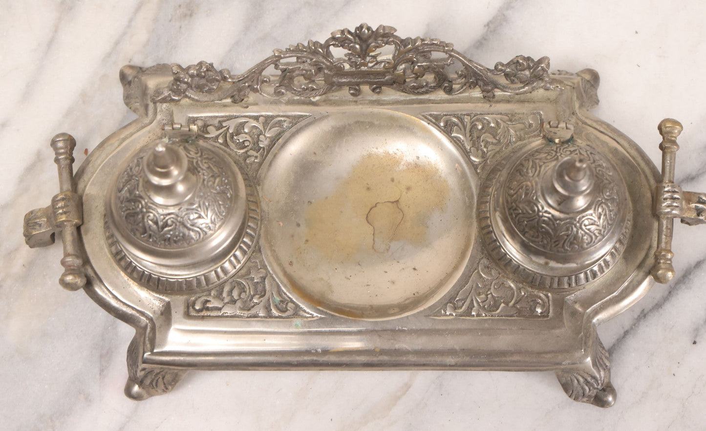 Lot 191 - Antique Double Inkwell And Pen Stand With Ornate Floral Scroll Decoration, Missing One Metal Cup