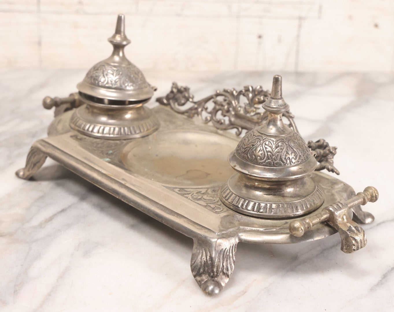 Lot 191 - Antique Double Inkwell And Pen Stand With Ornate Floral Scroll Decoration, Missing One Metal Cup