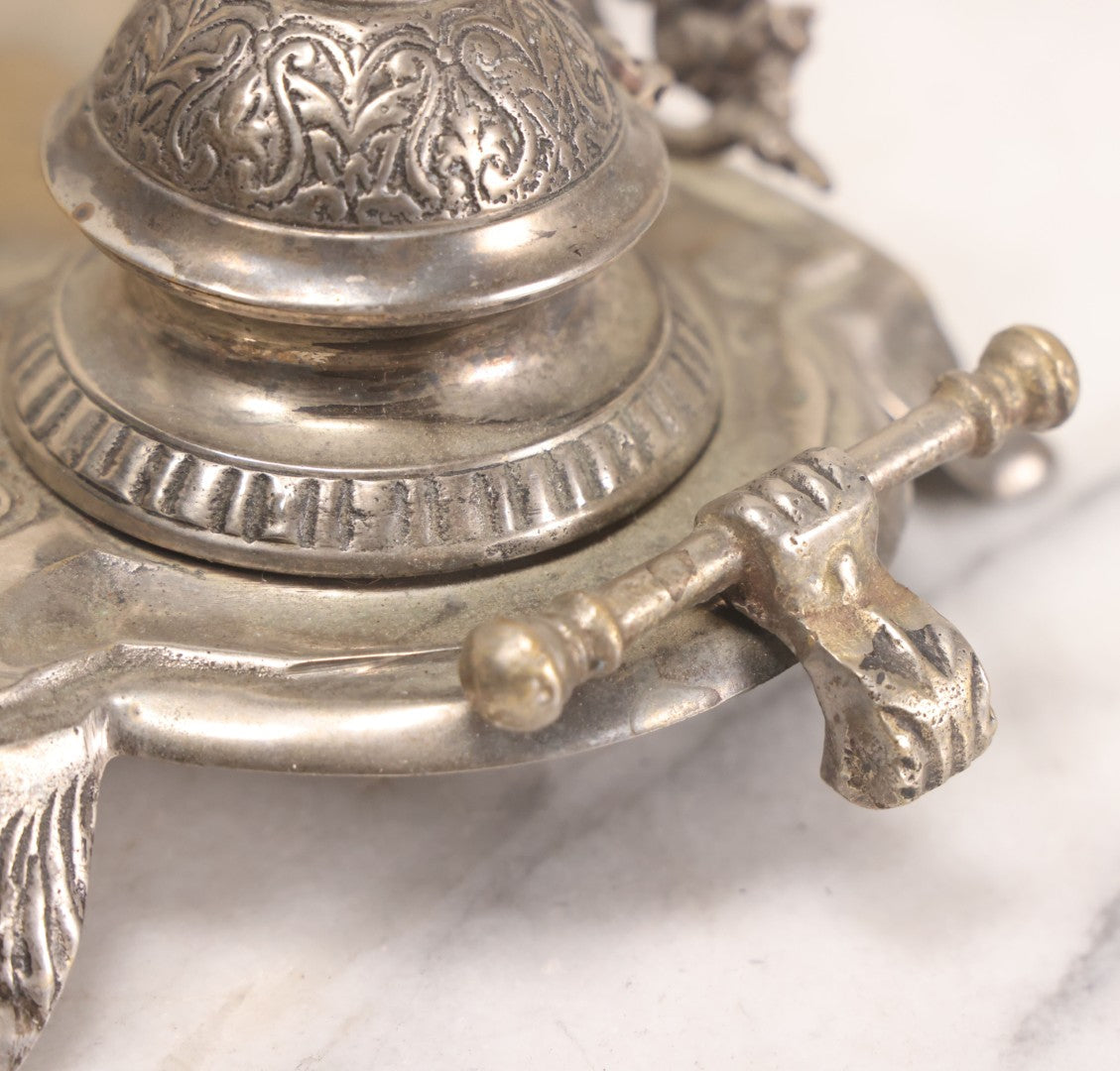 Lot 191 - Antique Double Inkwell And Pen Stand With Ornate Floral Scroll Decoration, Missing One Metal Cup