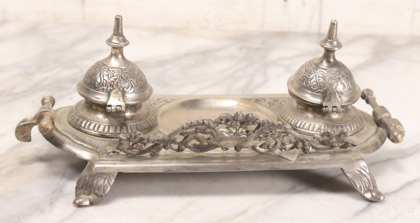 Lot 191 - Antique Double Inkwell And Pen Stand With Ornate Floral Scroll Decoration, Missing One Metal Cup