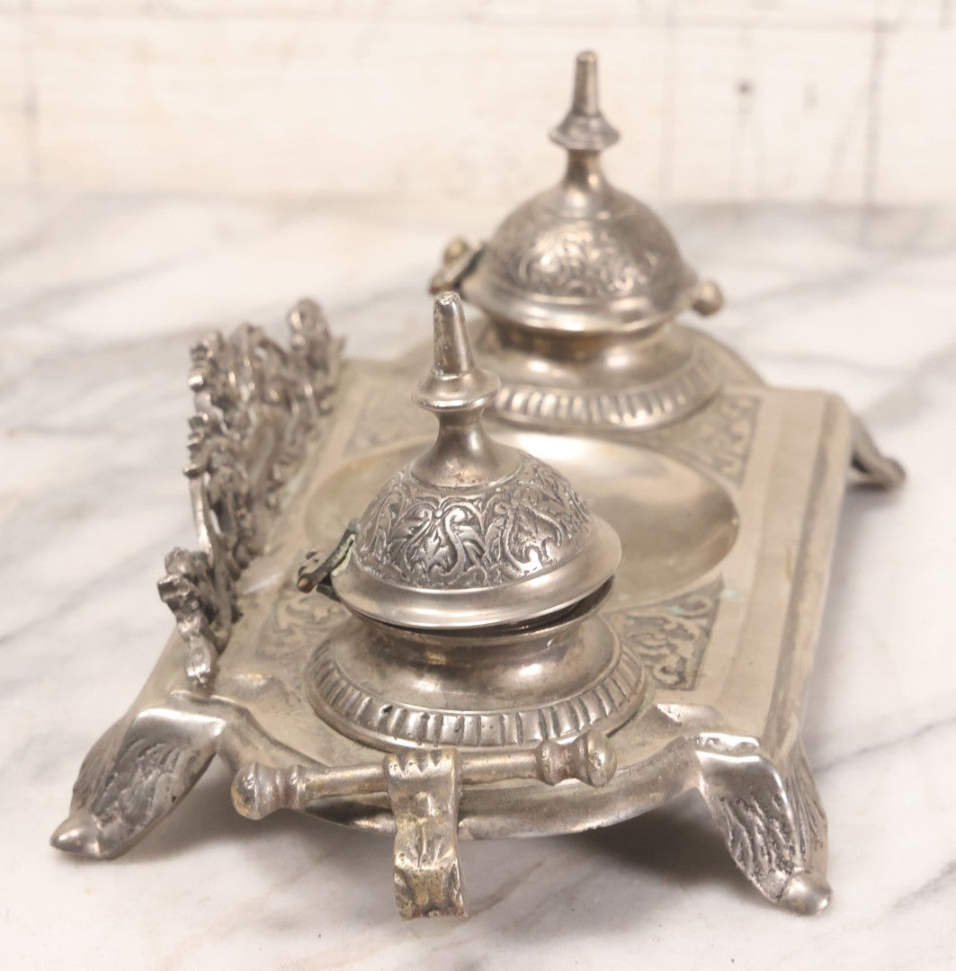 Lot 191 - Antique Double Inkwell And Pen Stand With Ornate Floral Scroll Decoration, Missing One Metal Cup