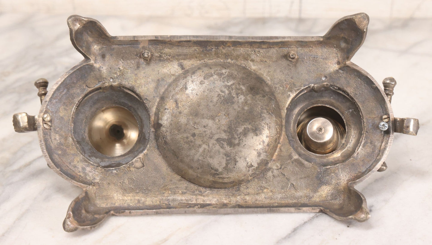 Lot 191 - Antique Double Inkwell And Pen Stand With Ornate Floral Scroll Decoration, Missing One Metal Cup