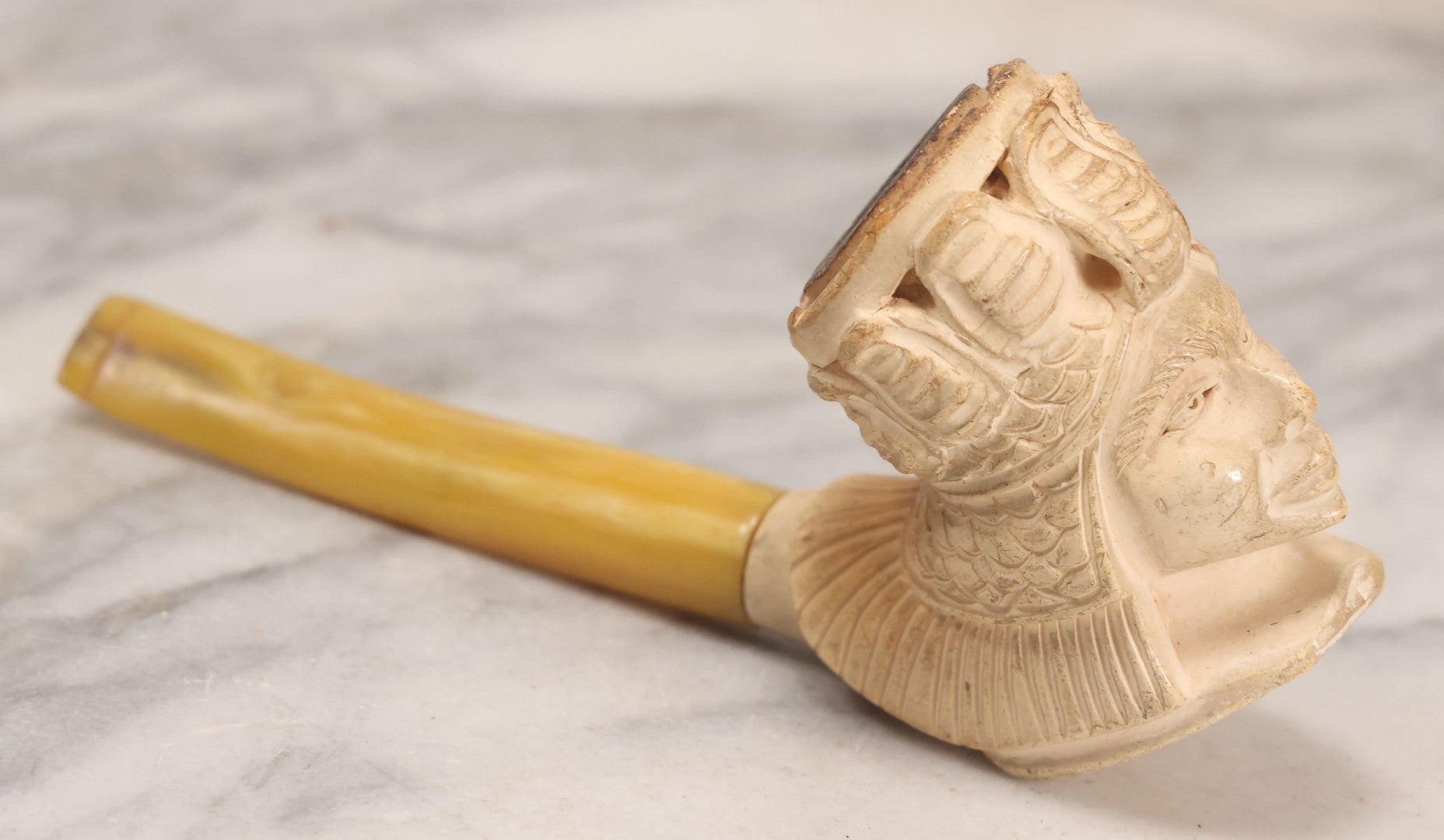 Lot 192 - Vintage Carved Meerschaum Pipe With Elaborate Figural Bowl Depicting Woman In Turban And Yellow Amber Stem