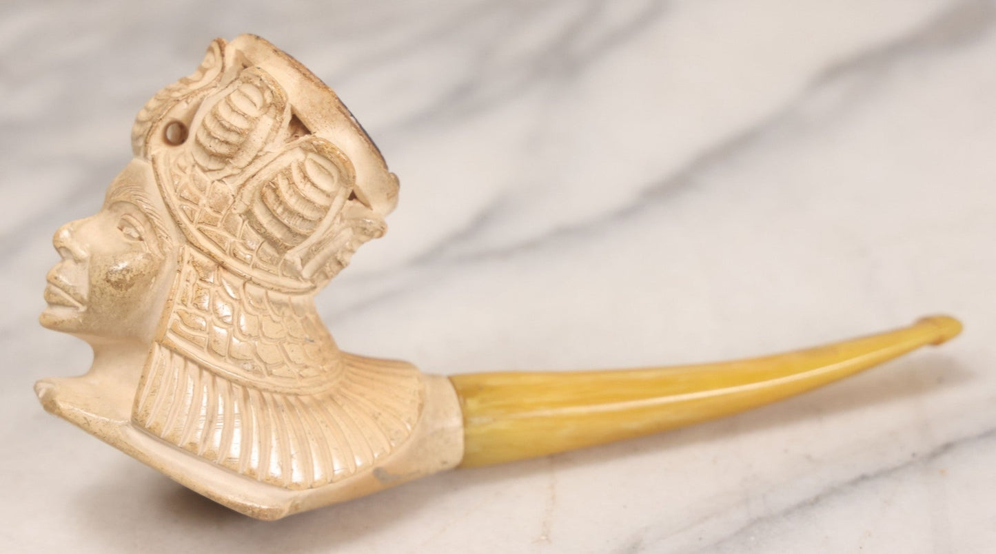 Lot 192 - Vintage Carved Meerschaum Pipe With Elaborate Figural Bowl Depicting Woman In Turban And Yellow Amber Stem