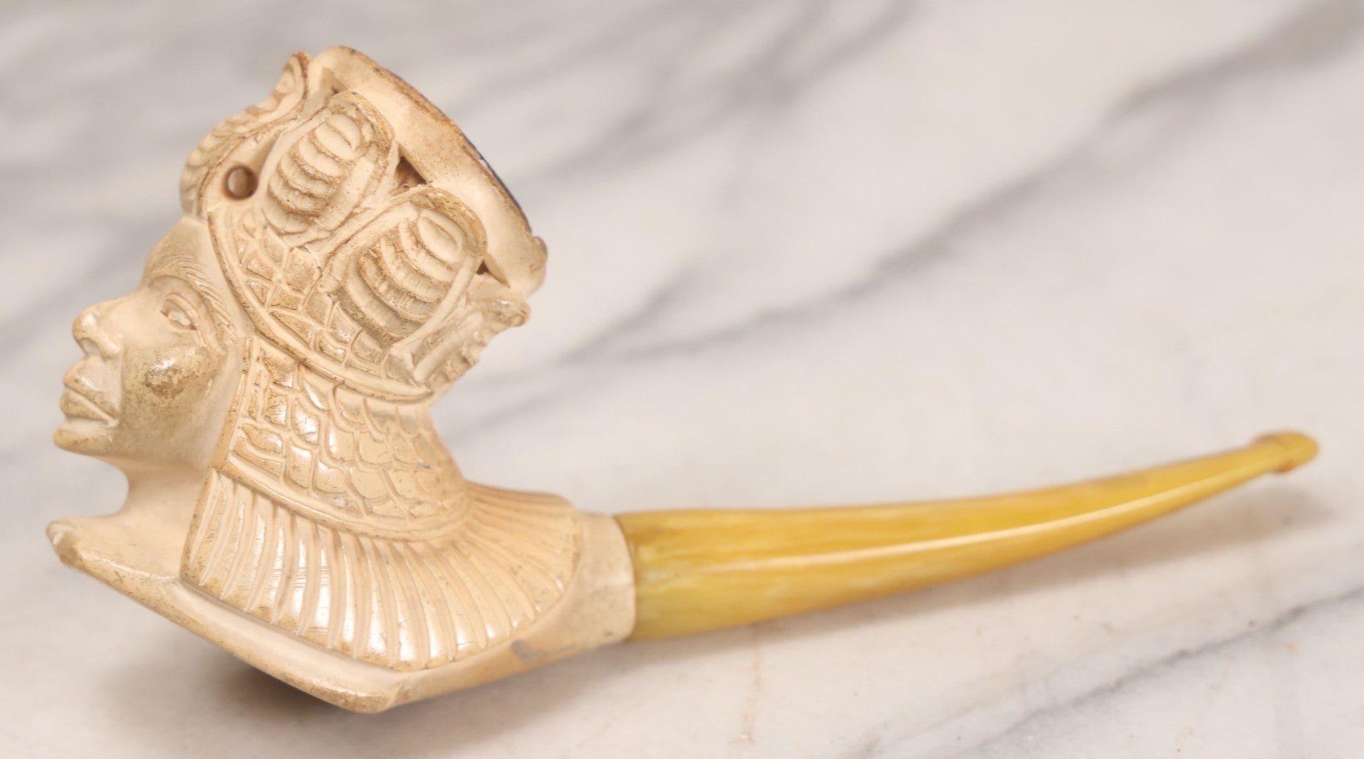 Lot 192 - Vintage Carved Meerschaum Pipe With Elaborate Figural Bowl Depicting Woman In Turban And Yellow Amber Stem