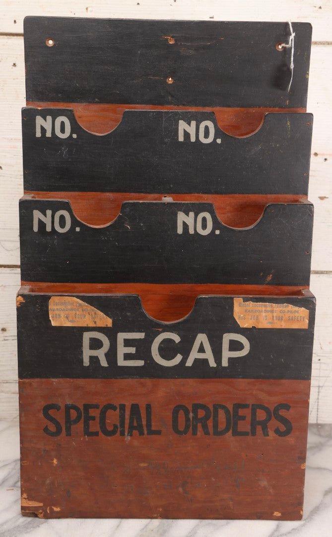 Lot 194 - Antique Railroad Wall-Mounted Document And Order Holder With Hand-Painted Lettering “Recap / Special Orders,” Reported Erie Railroad Station Use, Washingtonville, New York