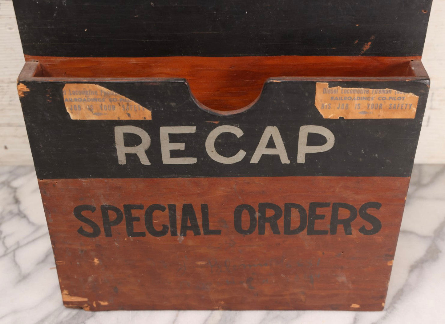 Lot 194 - Antique Railroad Wall-Mounted Document And Order Holder With Hand-Painted Lettering “Recap / Special Orders,” Reported Erie Railroad Station Use, Washingtonville, New York