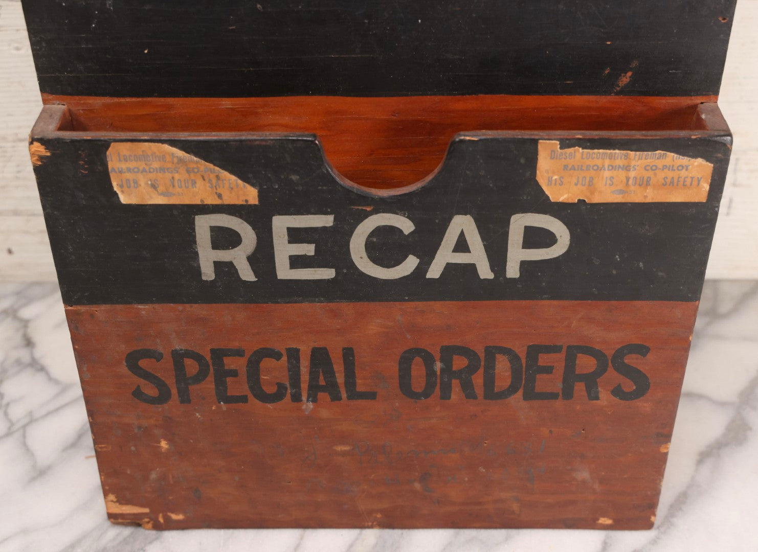 Lot 194 - Antique Railroad Wall-Mounted Document And Order Holder With Hand-Painted Lettering “Recap / Special Orders,” Reported Erie Railroad Station Use, Washingtonville, New York