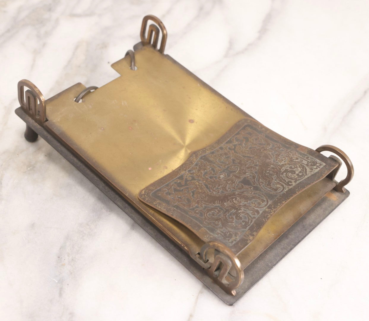 Lot 196 - Antique “Executives” 3-In-1 Desk Calendar Pad Holder With Ornate Brass And Metal Stand, Patented And Manufactured By B. E. Lawrence & Co., Chicago