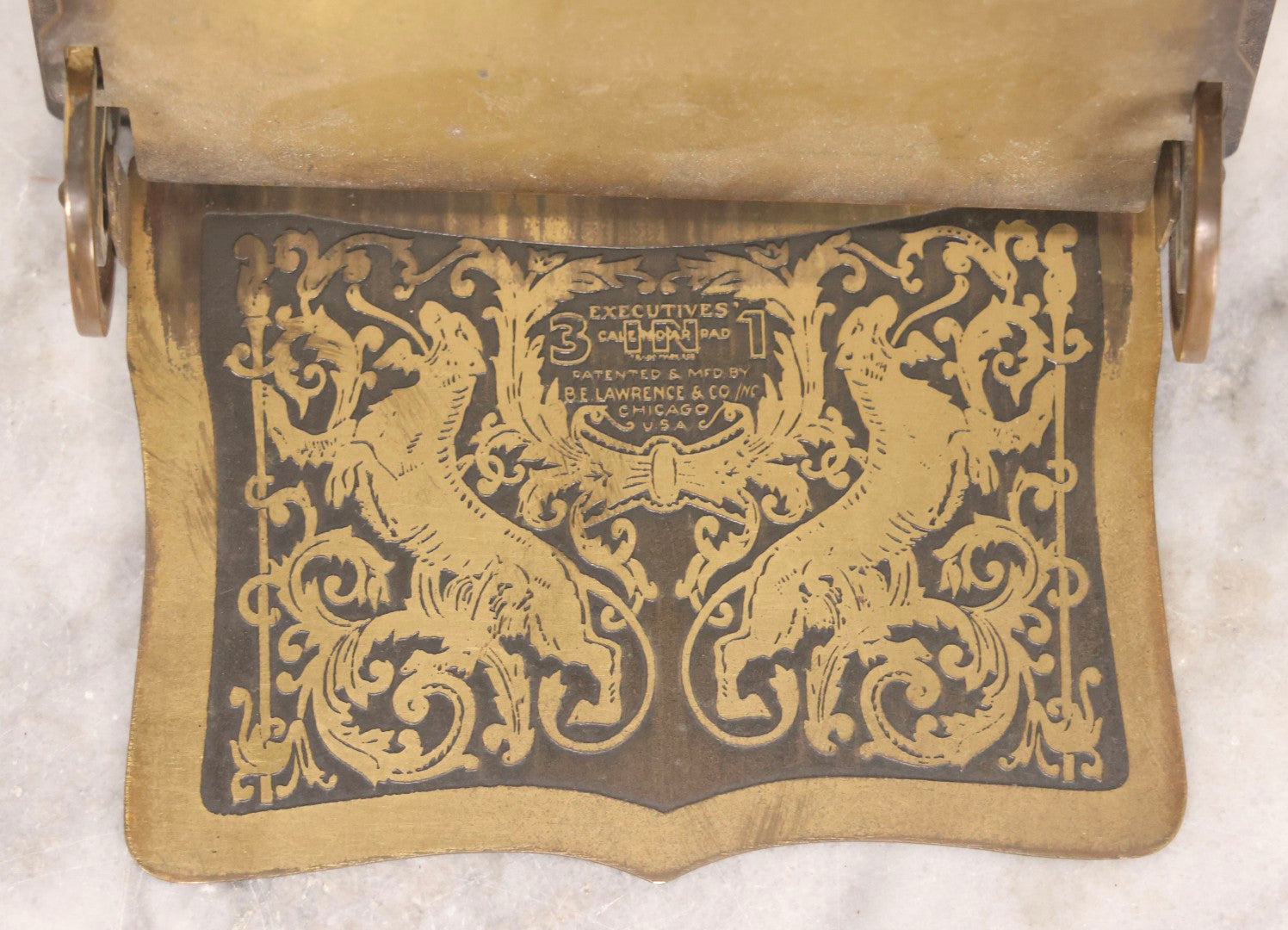 Lot 196 - Antique “Executives” 3-In-1 Desk Calendar Pad Holder With Ornate Brass And Metal Stand, Patented And Manufactured By B. E. Lawrence & Co., Chicago