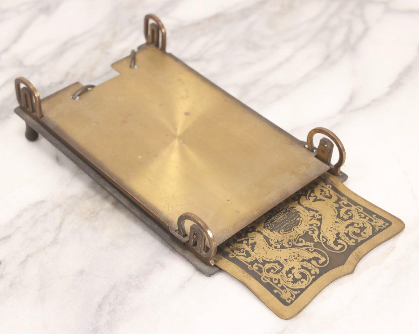 Lot 196 - Antique “Executives” 3-In-1 Desk Calendar Pad Holder With Ornate Brass And Metal Stand, Patented And Manufactured By B. E. Lawrence & Co., Chicago