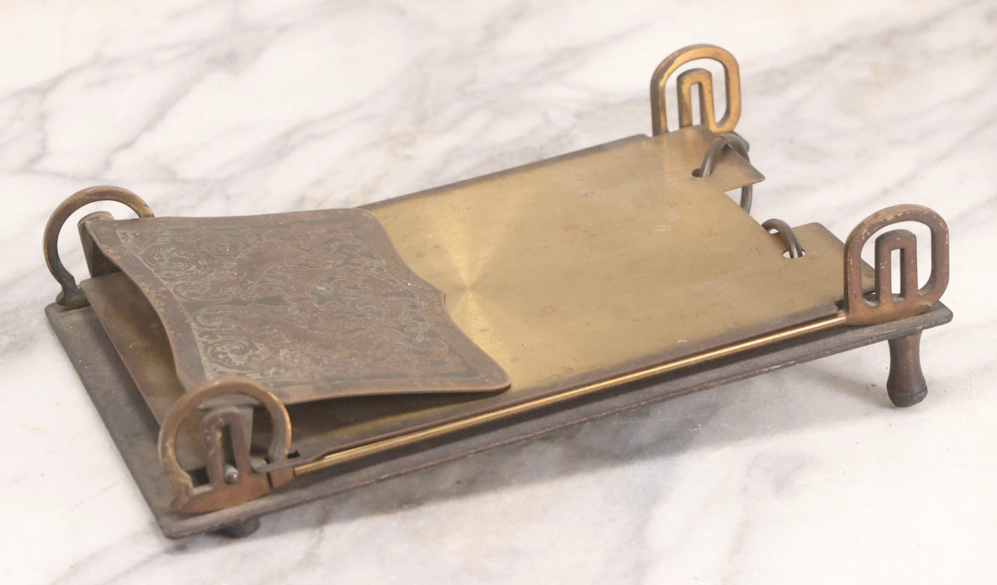 Lot 196 - Antique “Executives” 3-In-1 Desk Calendar Pad Holder With Ornate Brass And Metal Stand, Patented And Manufactured By B. E. Lawrence & Co., Chicago