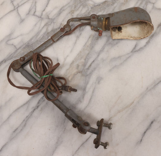Lot 200 - Vintage Adjustable Bench Mount Industrial Work Lamp With Articulating Arm And Bolt On Base, Working Condition