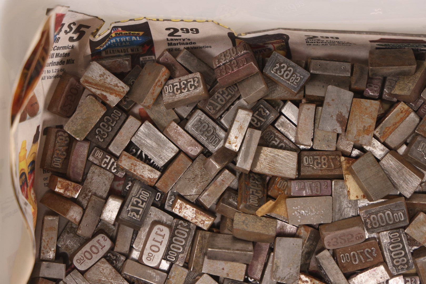 Lot 202 - Grouping Of 200+ Vintage Letterpress Metal Pricing Print Blocks Ranging From Under $1 To Over $1000, Collection As Found