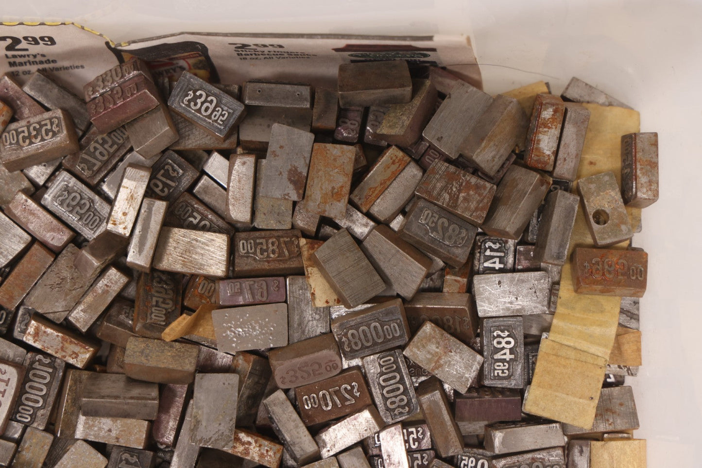 Lot 202 - Grouping Of 200+ Vintage Letterpress Metal Pricing Print Blocks Ranging From Under $1 To Over $1000, Collection As Found