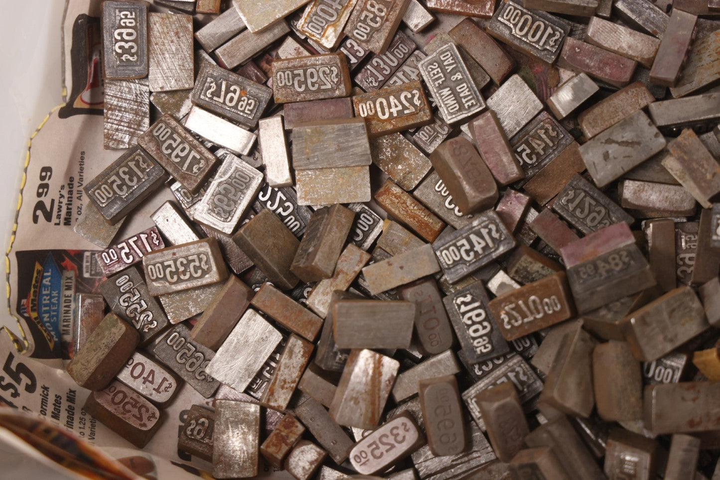 Lot 202 - Grouping Of 200+ Vintage Letterpress Metal Pricing Print Blocks Ranging From Under $1 To Over $1000, Collection As Found