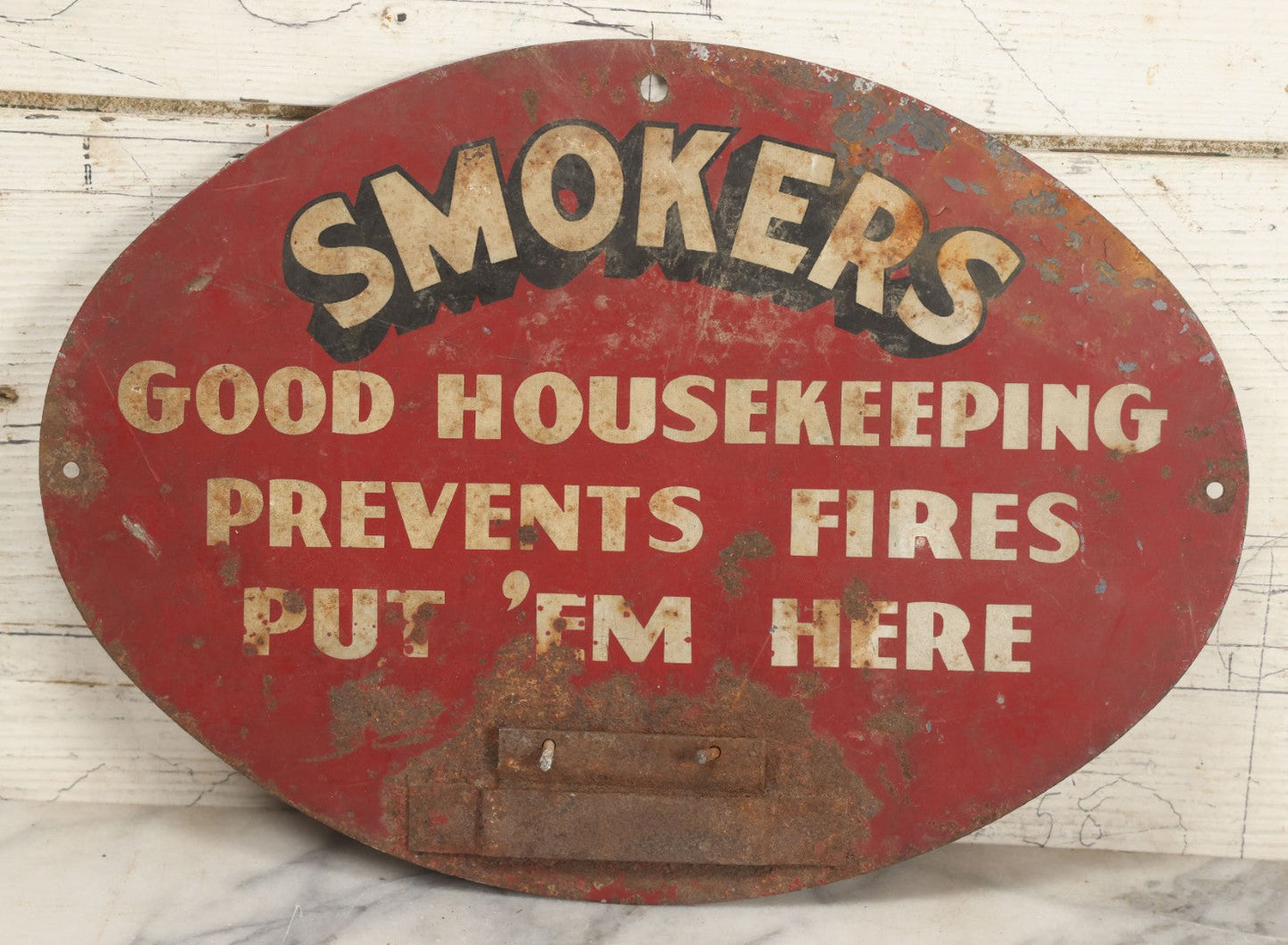 Lot 203 - Vintage “Smokers — Good Housekeeping Prevents Fires, Put 'Em Here” Red Metal Sign, Originally With Ashtray, Circa 1950