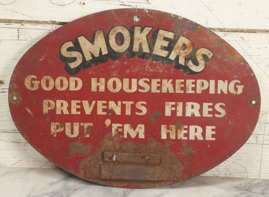 Lot 203 - Vintage “Smokers — Good Housekeeping Prevents Fires, Put 'Em Here” Red Metal Sign, Originally With Ashtray, Circa 1950