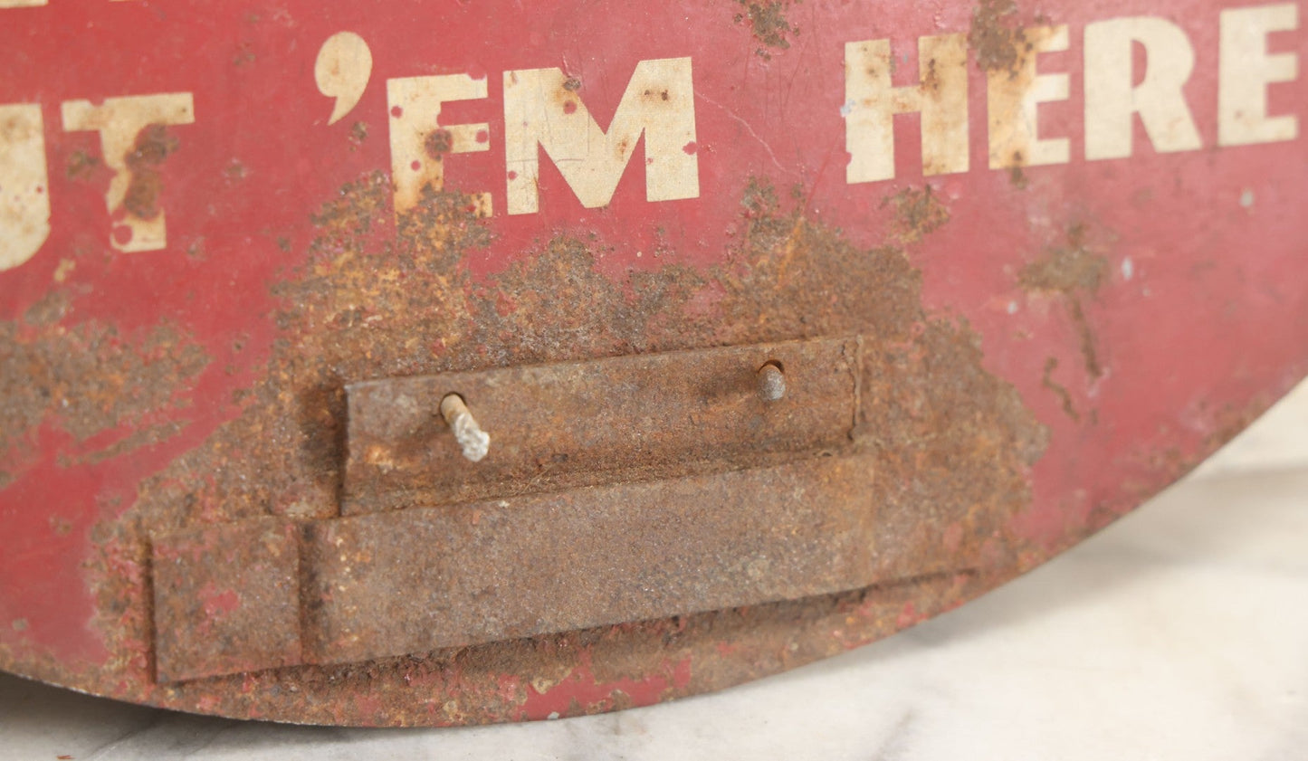 Lot 203 - Vintage “Smokers — Good Housekeeping Prevents Fires, Put 'Em Here” Red Metal Sign, Originally With Ashtray, Circa 1950