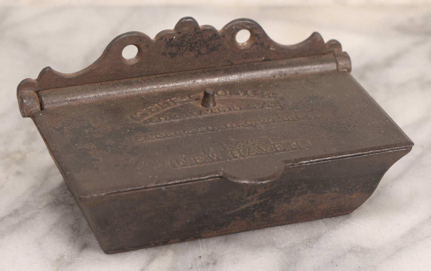 Lot 206 - Antique Cast Iron Self-Closing Match Safe, Patented December 20, 1864, D.M. & Co., New Haven, Connecticut