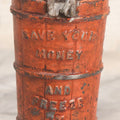 Lot 207 - Vintage Cast Iron Ice Cream Churn-Form Still Bank With “Save Your Money And Freeze It” Slogan, Orange Paint
