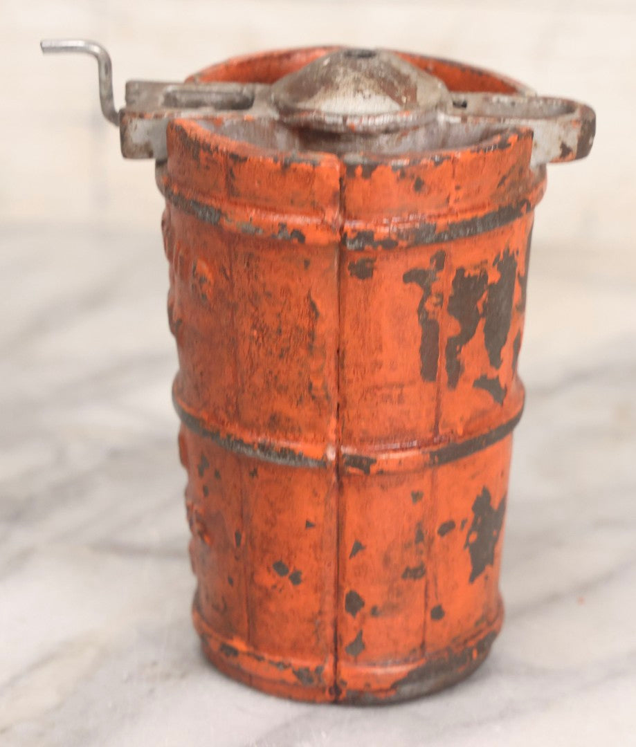 Lot 207 - Vintage Cast Iron Ice Cream Churn-Form Still Bank With “Save Your Money And Freeze It” Slogan, Orange Paint