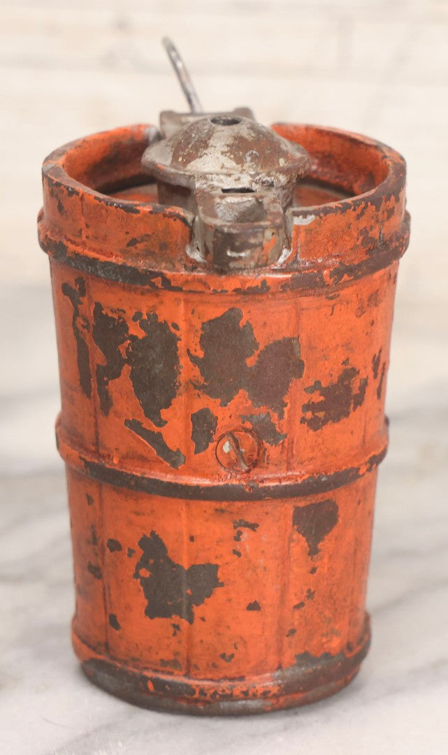 Lot 207 - Vintage Cast Iron Ice Cream Churn-Form Still Bank With “Save Your Money And Freeze It” Slogan, Orange Paint