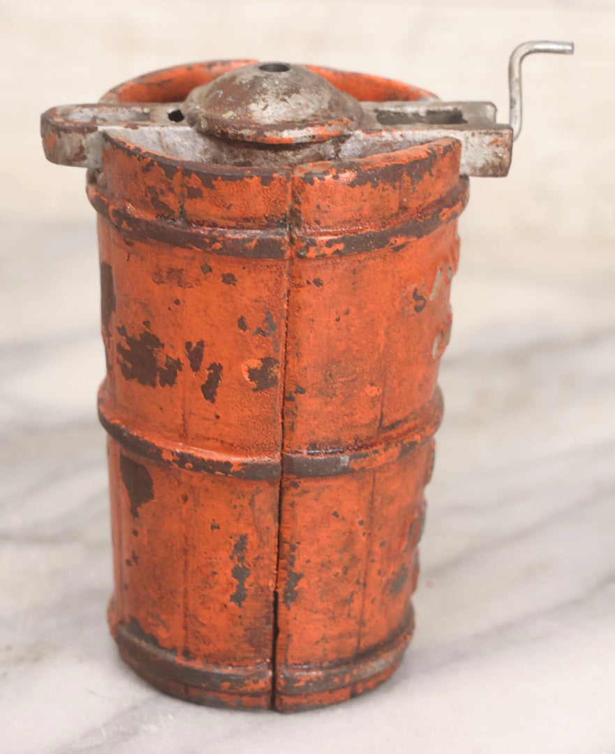 Lot 207 - Vintage Cast Iron Ice Cream Churn-Form Still Bank With “Save Your Money And Freeze It” Slogan, Orange Paint