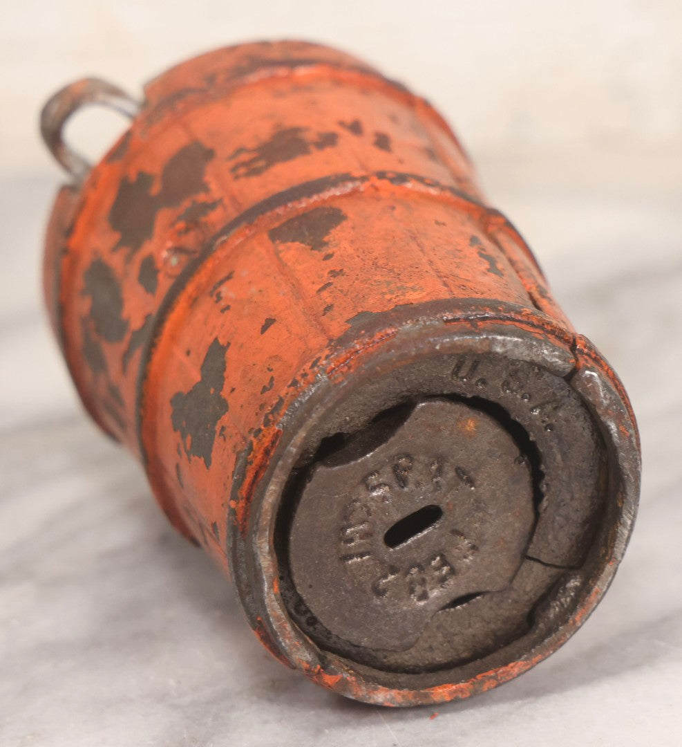 Lot 207 - Vintage Cast Iron Ice Cream Churn-Form Still Bank With “Save Your Money And Freeze It” Slogan, Orange Paint