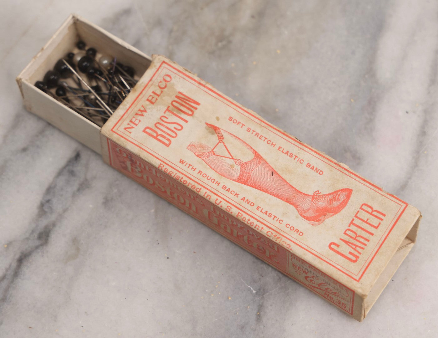 Lot 209 - Antique New Elco “Boston Garter” Box, George Frost Co., Boston, Massachusetts, Circa 1904, Baby Blue, Repurposed As Pin Box