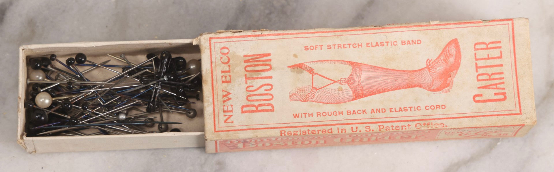 Lot 209 - Antique New Elco “Boston Garter” Box, George Frost Co., Boston, Massachusetts, Circa 1904, Baby Blue, Repurposed As Pin Box