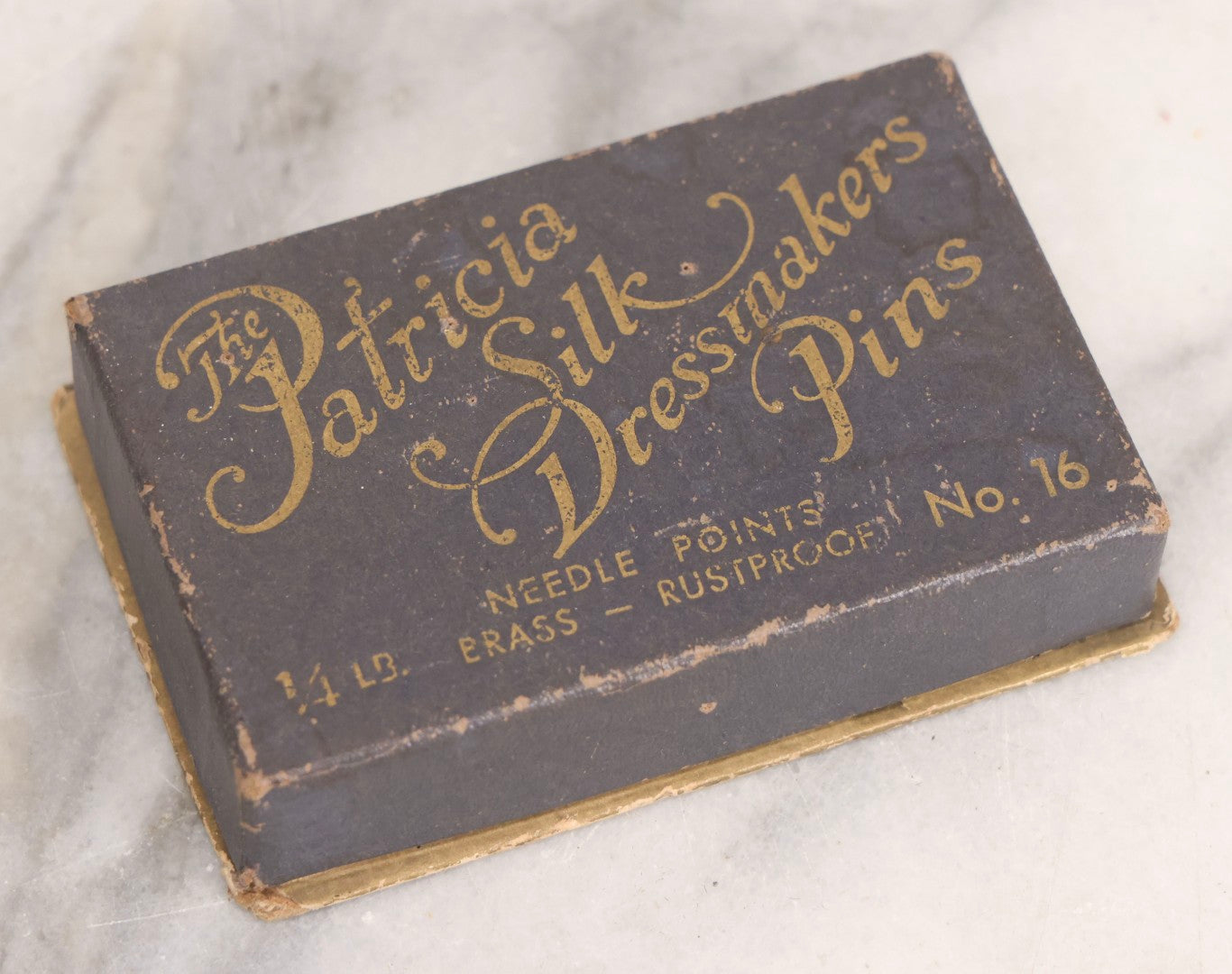 Lot 210 - Antique “The Patrician” Dressmakers Pins Box With Contents, Brass Rustproof Needle Points No. 16, Early 20th Century Sewing Notions Packaging, Original Cardboard Box With Wear