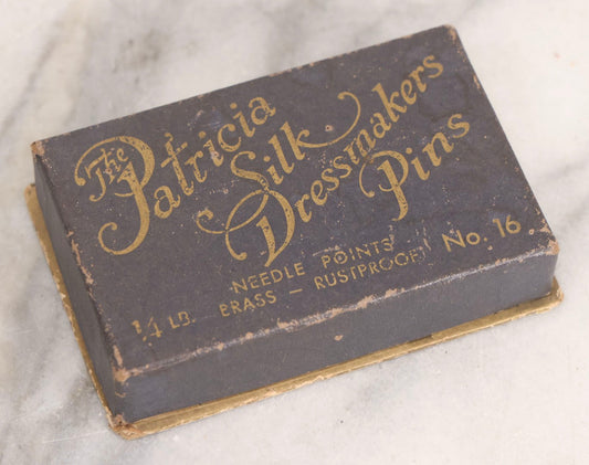 Lot 210 - Antique “The Patrician” Dressmakers Pins Box With Contents, Brass Rustproof Needle Points No. 16, Early 20th Century Sewing Notions Packaging, Original Cardboard Box With Wear