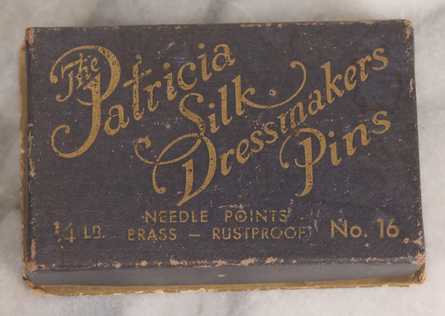 Lot 210 - Antique “The Patrician” Dressmakers Pins Box With Contents, Brass Rustproof Needle Points No. 16, Early 20th Century Sewing Notions Packaging, Original Cardboard Box With Wear