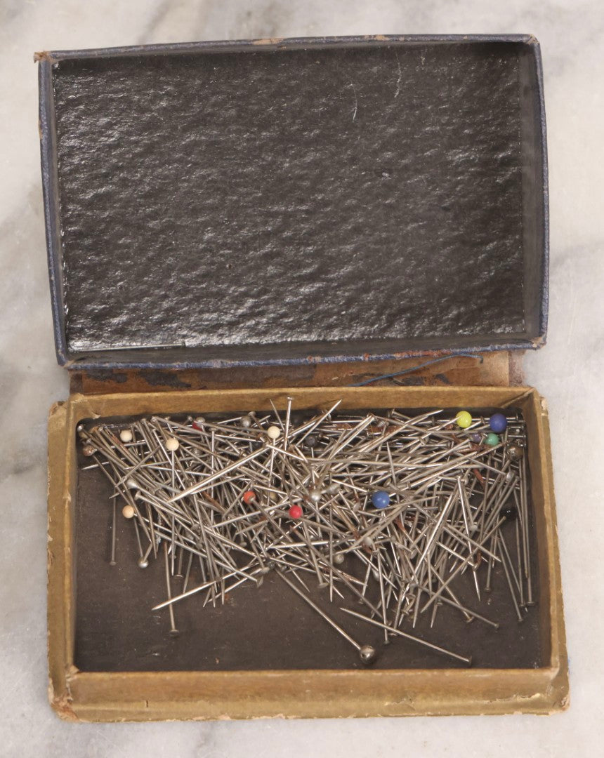 Lot 210 - Antique “The Patrician” Dressmakers Pins Box With Contents, Brass Rustproof Needle Points No. 16, Early 20th Century Sewing Notions Packaging, Original Cardboard Box With Wear
