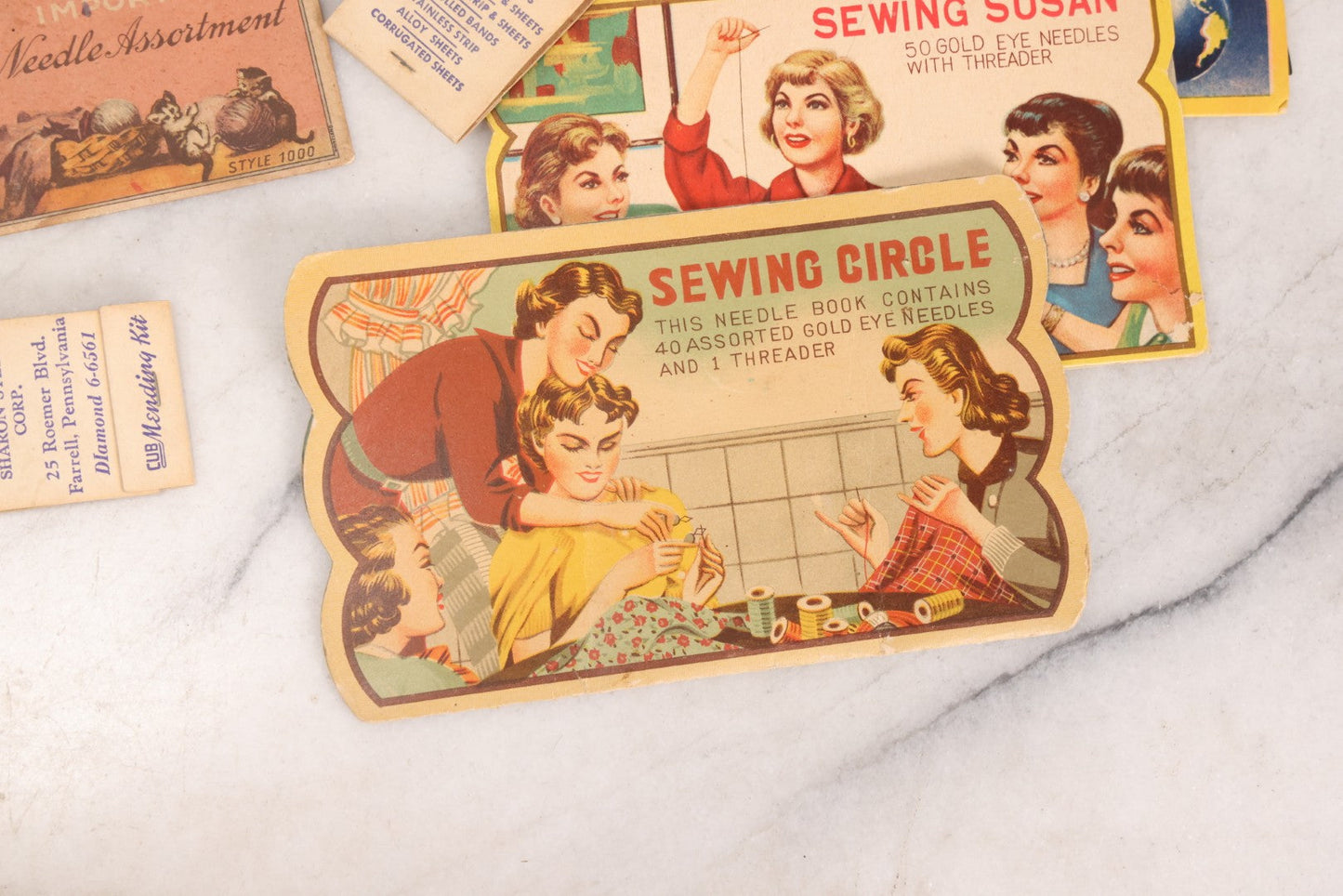 Lot 212 - Vintage Grouping Of 20+ Sewing Needle & Notions Card Lot Including Space Ship & Rocket Brand Needle Folders, Bobbie Smith Bobbie Pins, And Other Vintage Sewing Cards