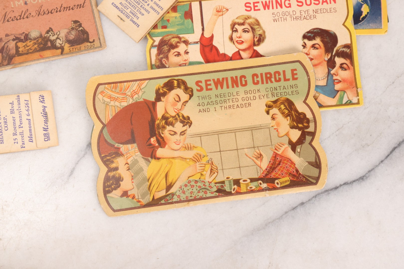 Lot 212 - Vintage Grouping Of 20+ Sewing Needle & Notions Card Lot Including Space Ship & Rocket Brand Needle Folders, Bobbie Smith Bobbie Pins, And Other Vintage Sewing Cards