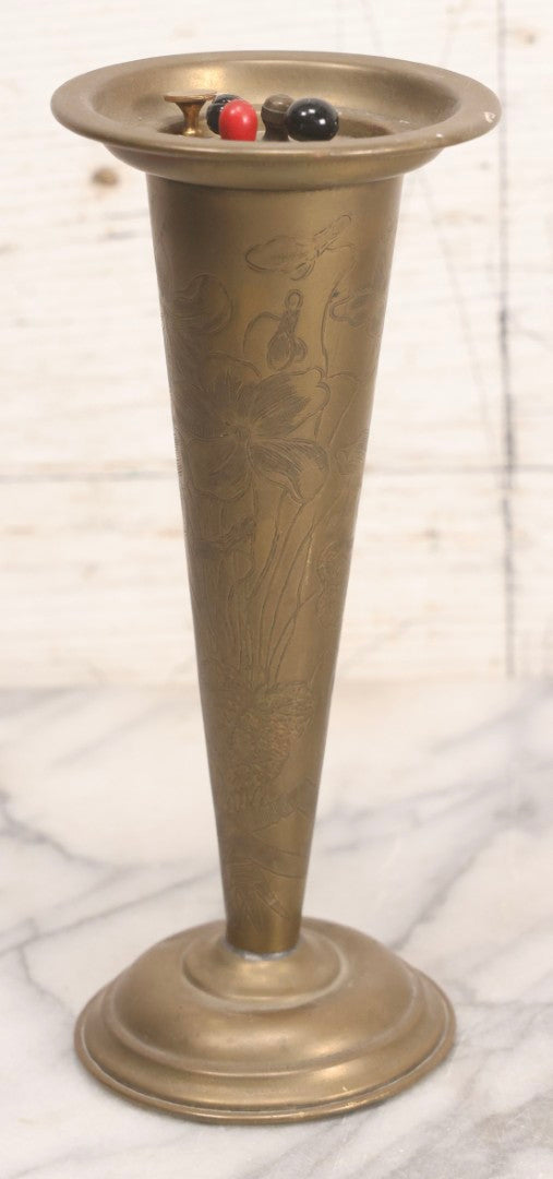 Lot 213 - Antique Brass Art Nouveau Hat Pin Stand With Engraved Floral Design, “Pat. Appl'd For,” Including Five Hat Pins