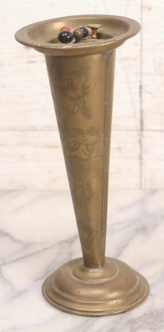 Lot 213 - Antique Brass Art Nouveau Hat Pin Stand With Engraved Floral Design, “Pat. Appl'd For,” Including Five Hat Pins