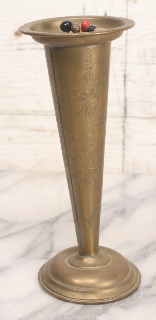 Lot 213 - Antique Brass Art Nouveau Hat Pin Stand With Engraved Floral Design, “Pat. Appl'd For,” Including Five Hat Pins