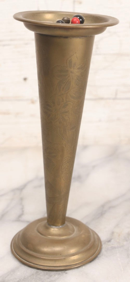 Lot 213 - Antique Brass Art Nouveau Hat Pin Stand With Engraved Floral Design, “Pat. Appl'd For,” Including Five Hat Pins