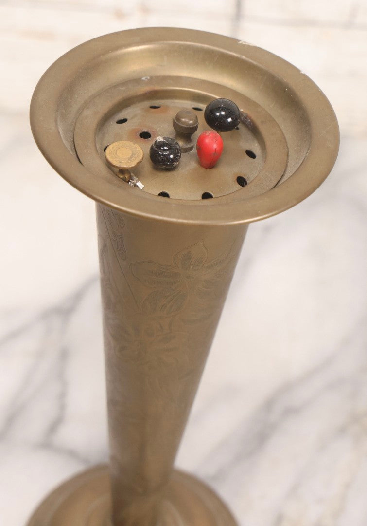 Lot 213 - Antique Brass Art Nouveau Hat Pin Stand With Engraved Floral Design, “Pat. Appl'd For,” Including Five Hat Pins