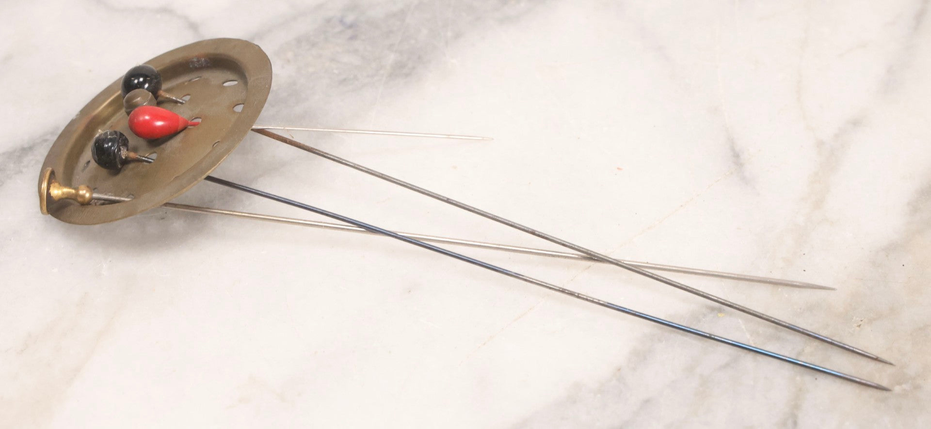 Lot 213 - Antique Brass Art Nouveau Hat Pin Stand With Engraved Floral Design, “Pat. Appl'd For,” Including Five Hat Pins