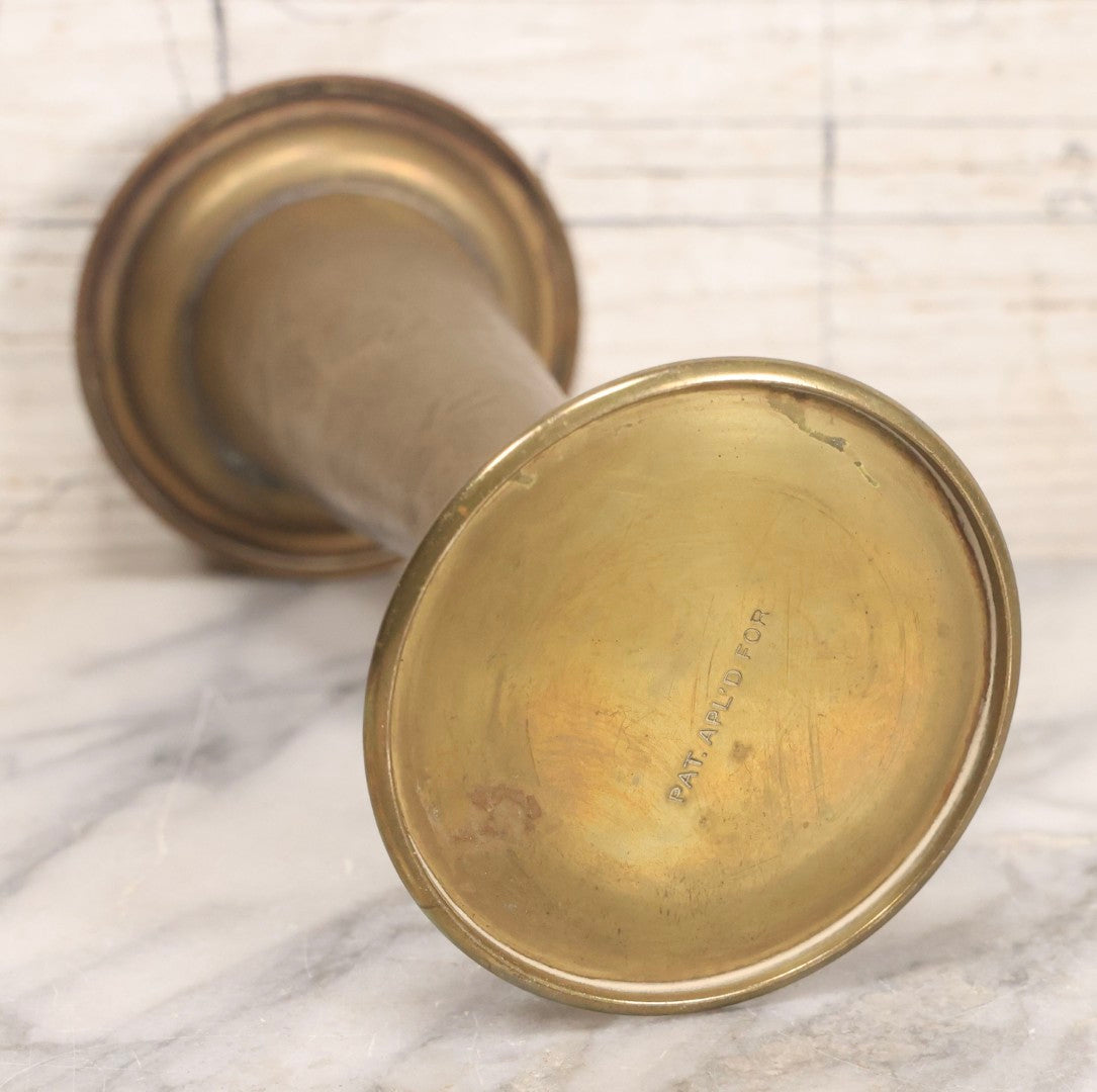 Lot 213 - Antique Brass Art Nouveau Hat Pin Stand With Engraved Floral Design, “Pat. Appl'd For,” Including Five Hat Pins