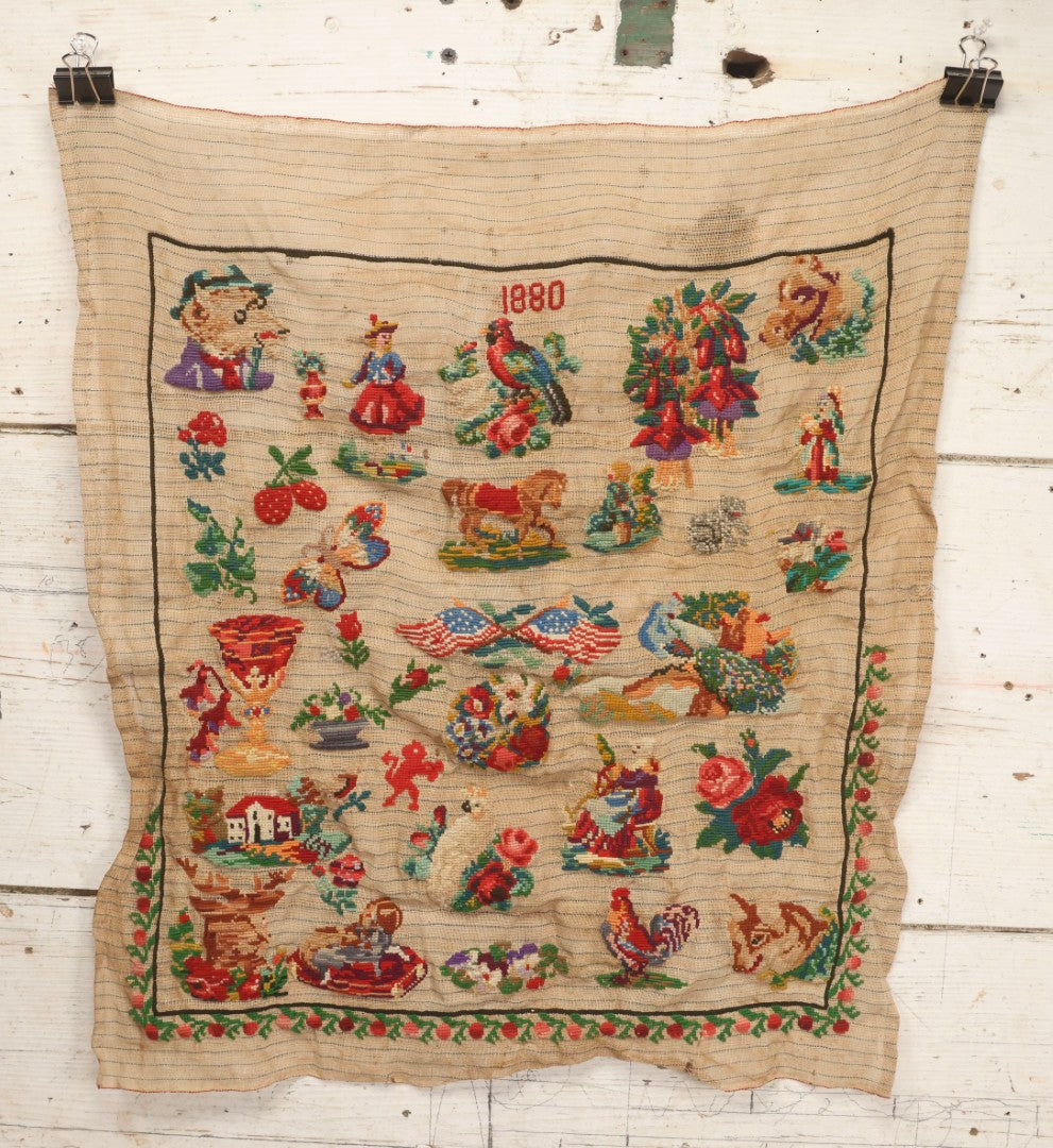Lot 214 - Antique 19th Century Embroidery Sampler Dated “1880” With Figural, Animal, And Folkloric Motifs, Including Devil And Fox, Unframed